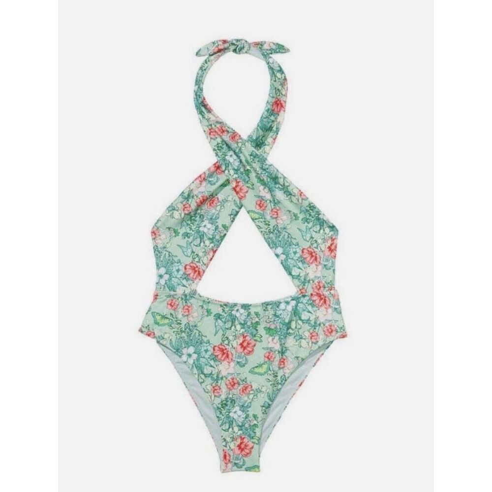 Victoria’s Secret L blue floral design one piece swimsuit sexy butterfly Walter